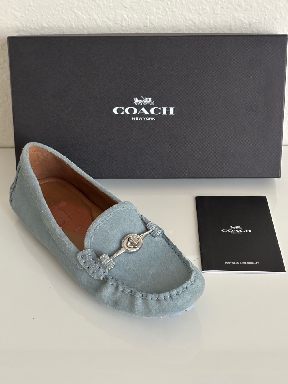 COACH Arlene Loafers 9M Cornflower Blue Calf Suede Turnlock Driving Mocs